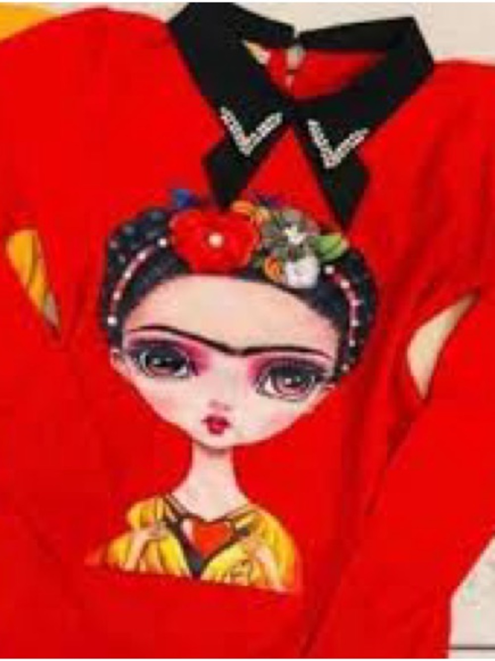 Red Graphic Frida-Inspired Top with Black Collar